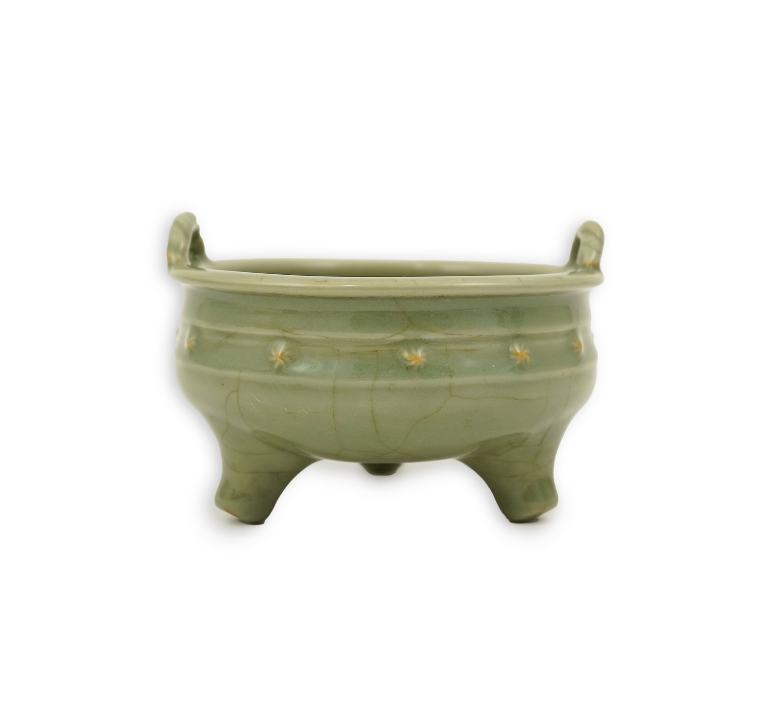 A Chinese Longquan celadon crackle glazed tripod censer, Ming dynasty or later